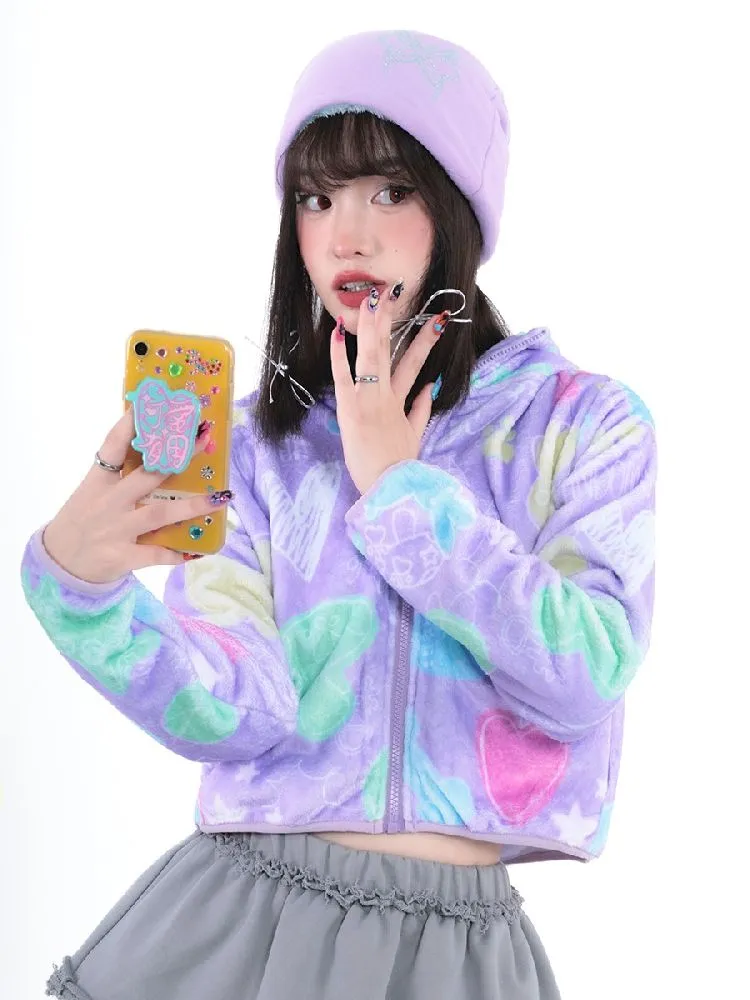 Purple Short Plush Printed Jacket【s0000005711】