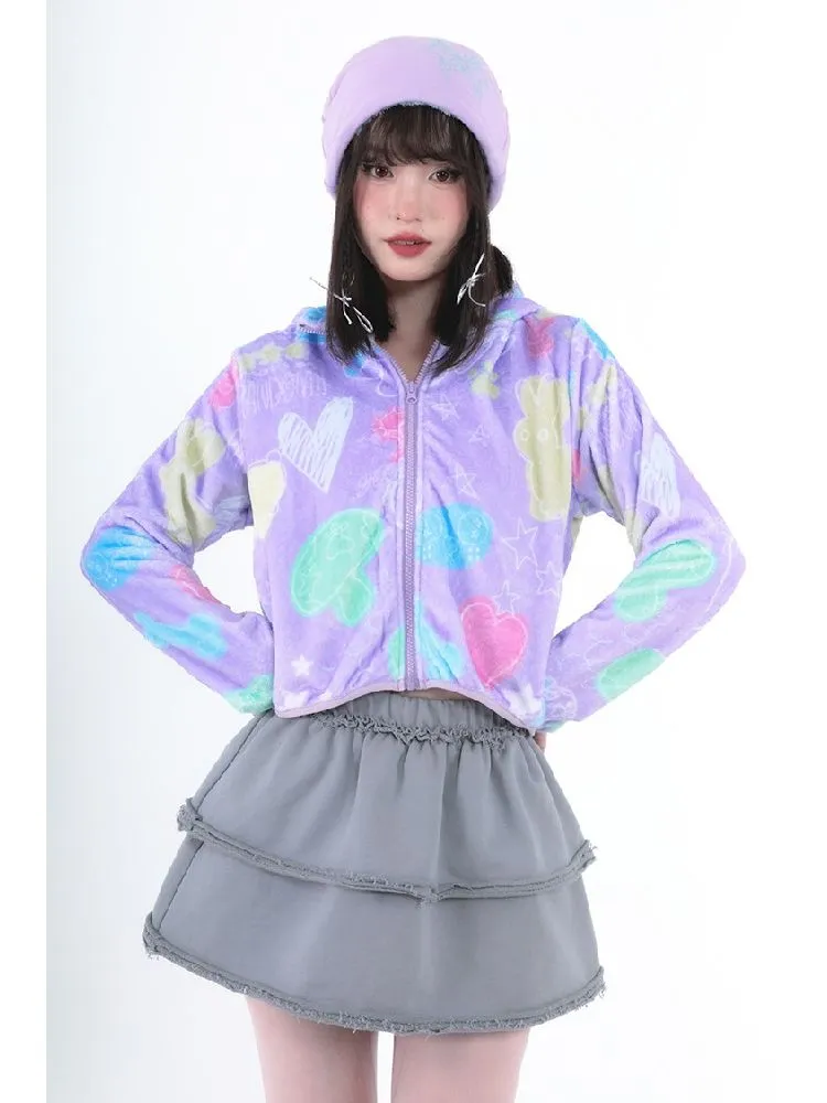 Purple Short Plush Printed Jacket【s0000005711】