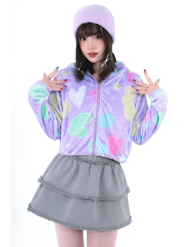 Purple Short Plush Printed Jacket【s0000005711】