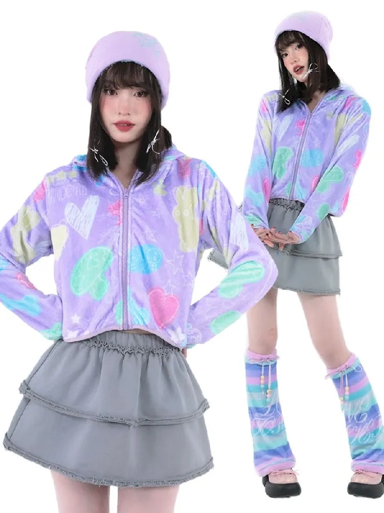 Purple Short Plush Printed Jacket【s0000005711】