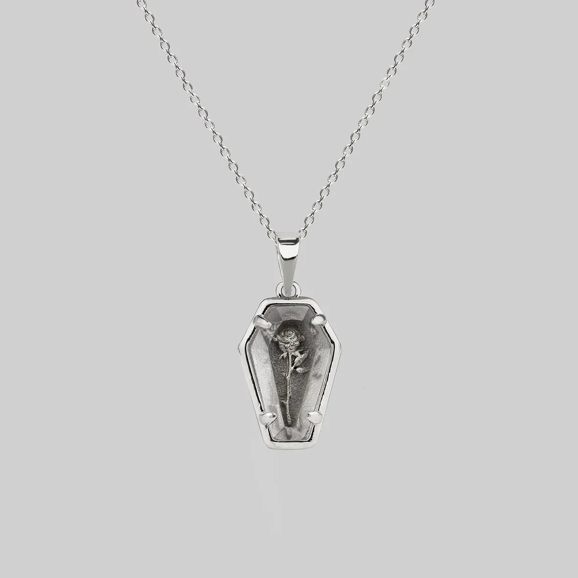 REBIRTH. Rose Under Glass Coffin Necklace - Silver