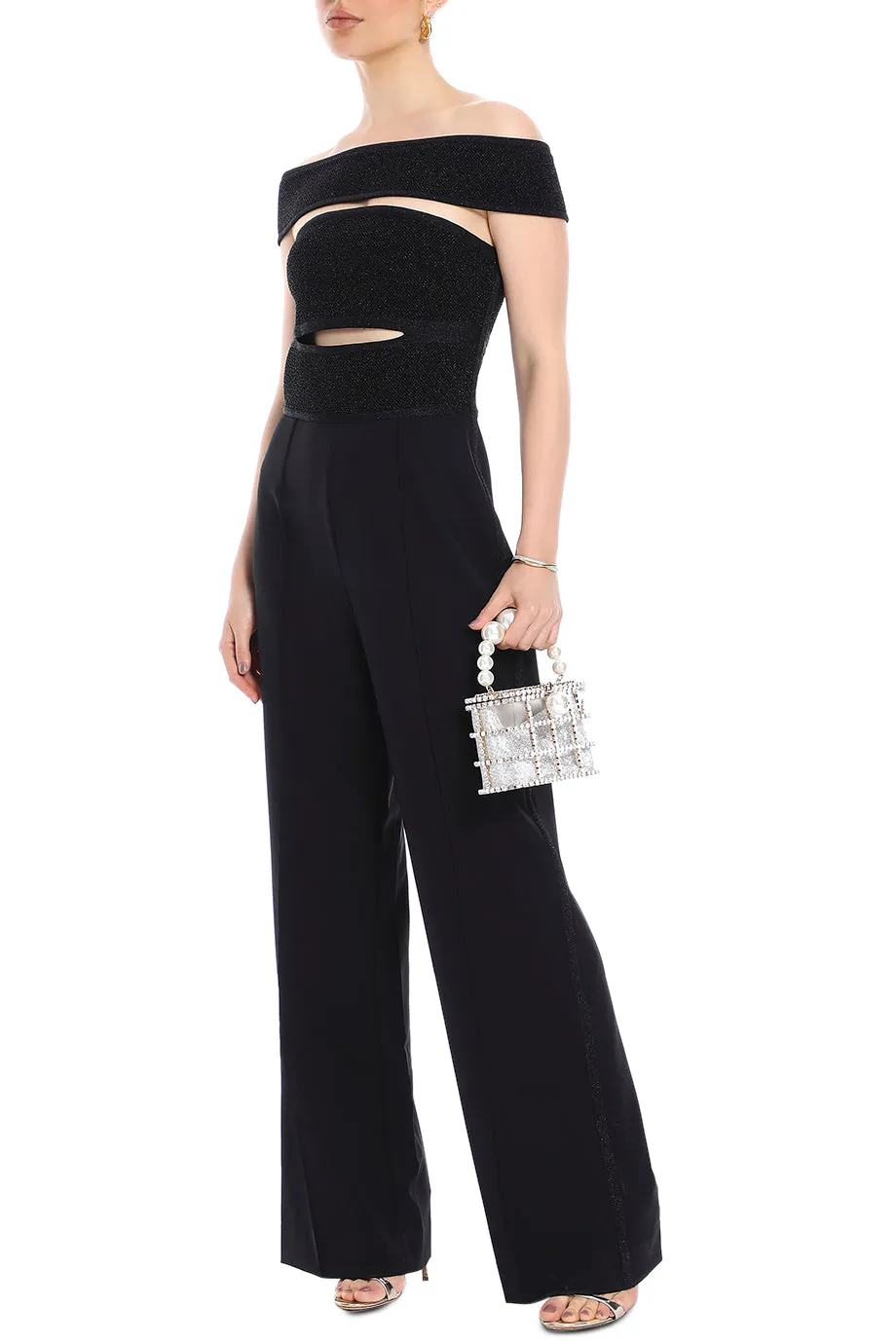 Textured Lurex Off Shoulder Jumpsuit