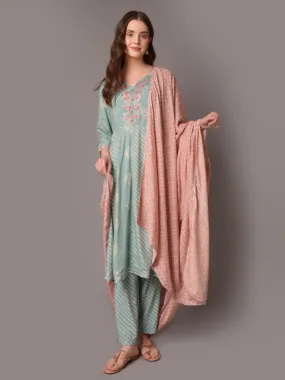 Women Blue 3/4 Sleeve Kurta Trouser Dupatta