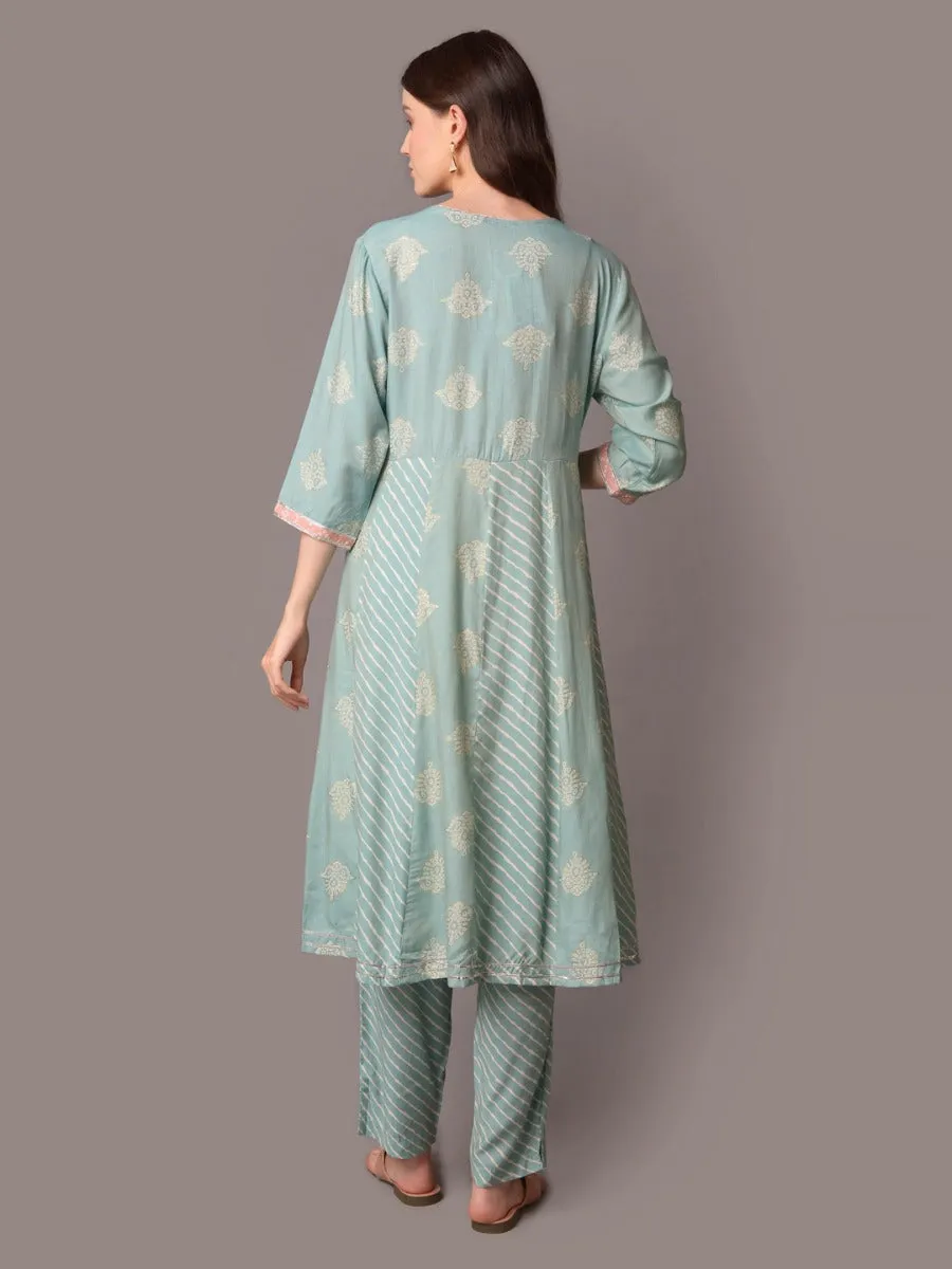 Women Blue 3/4 Sleeve Kurta Trouser Dupatta