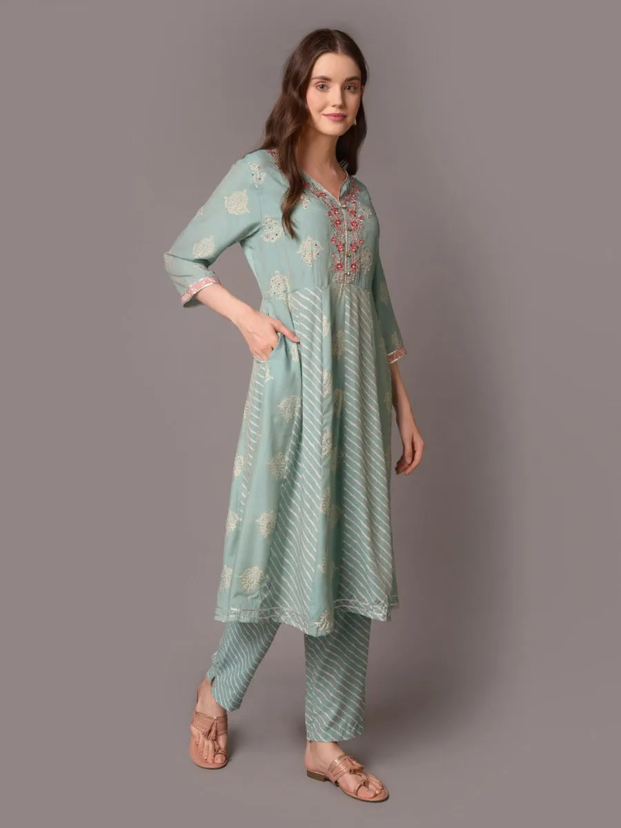 Women Blue 3/4 Sleeve Kurta Trouser Dupatta