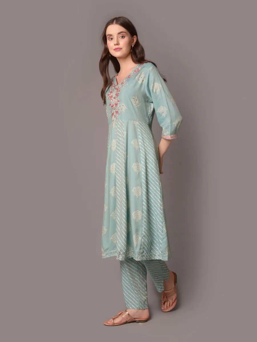 Women Blue 3/4 Sleeve Kurta Trouser Dupatta