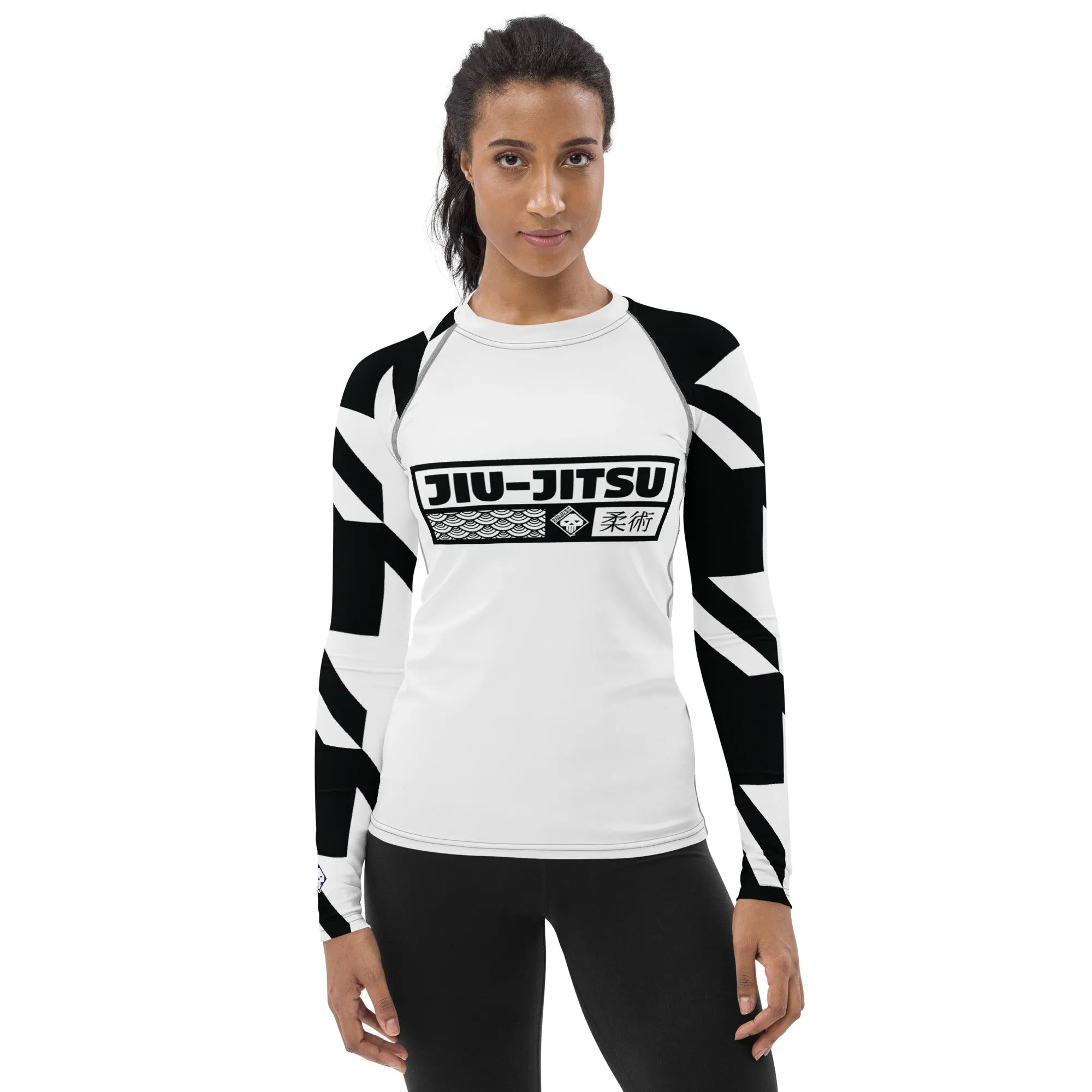 Womens Long Sleeve BJJ Rash Guard - Jiu-Jitsu 021 - Houndstooth 001 Blanc