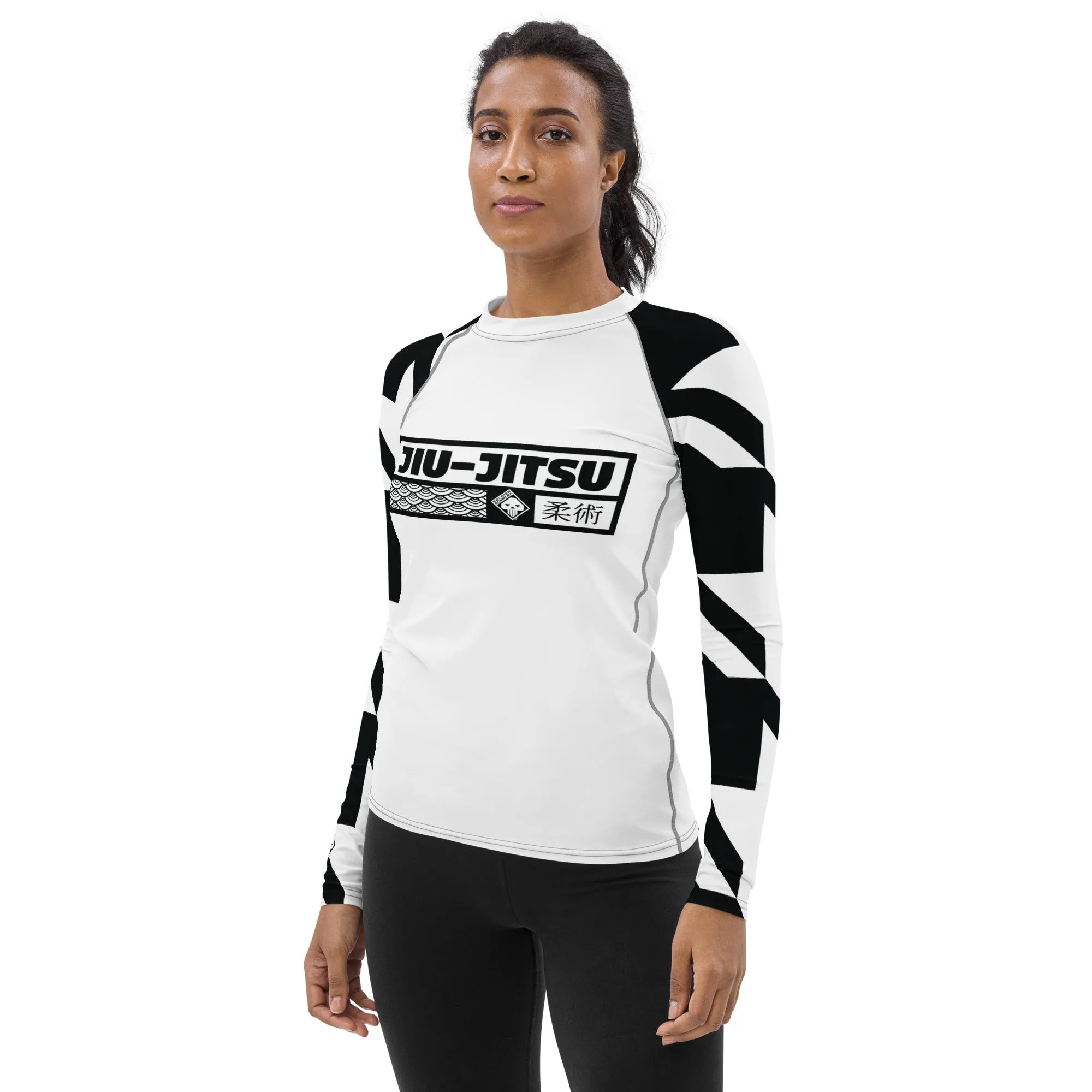 Womens Long Sleeve BJJ Rash Guard - Jiu-Jitsu 021 - Houndstooth 001 Blanc