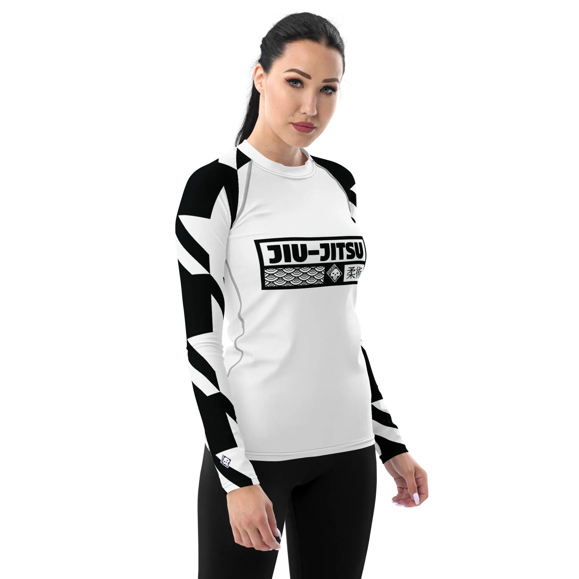 Womens Long Sleeve BJJ Rash Guard - Jiu-Jitsu 021 - Houndstooth 001 Blanc