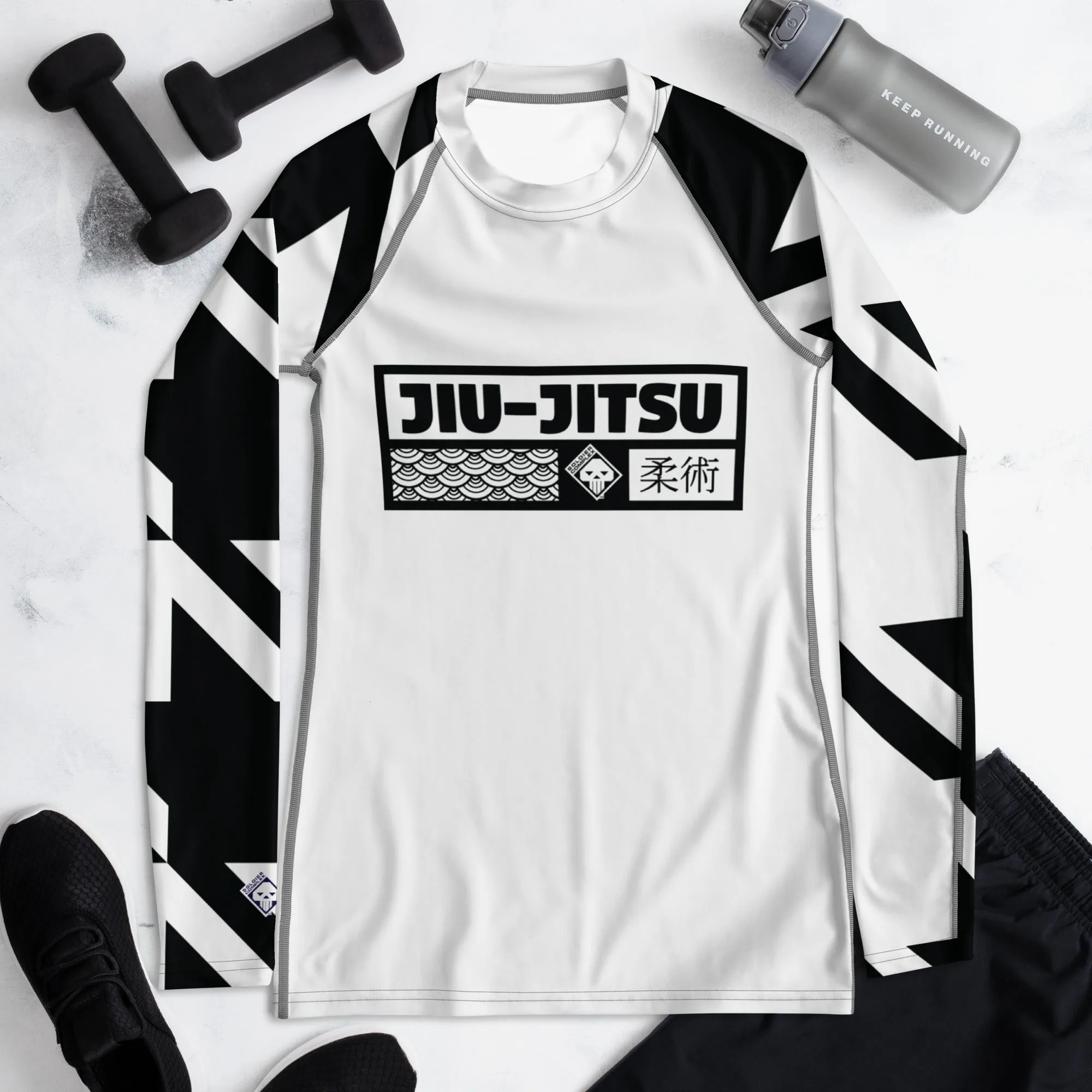 Womens Long Sleeve BJJ Rash Guard - Jiu-Jitsu 021 - Houndstooth 001 Blanc