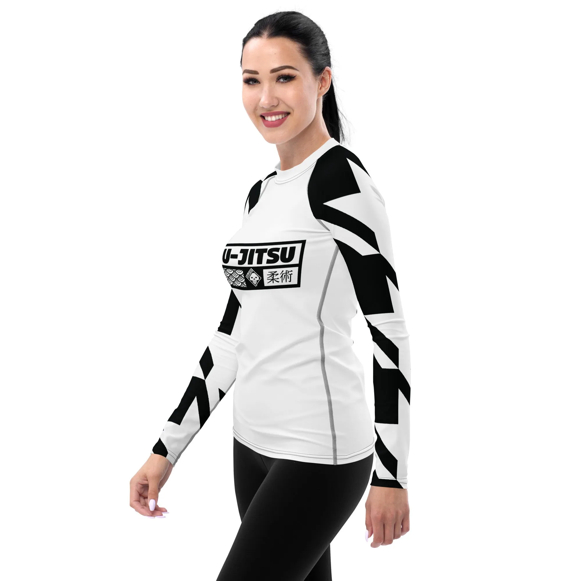 Womens Long Sleeve BJJ Rash Guard - Jiu-Jitsu 021 - Houndstooth 001 Blanc