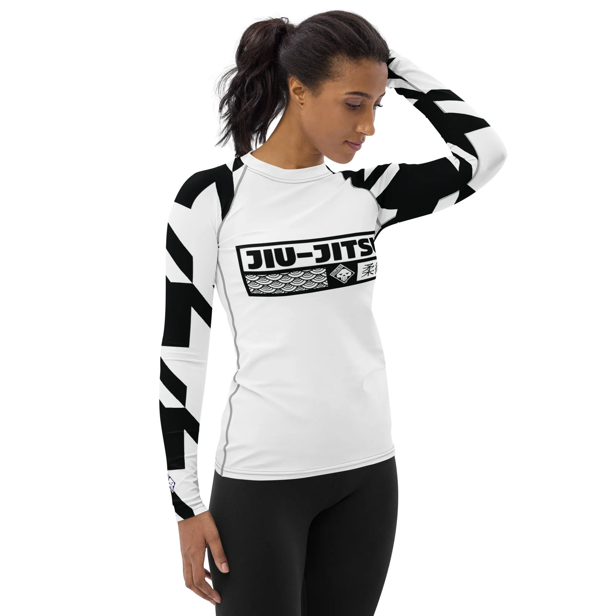 Womens Long Sleeve BJJ Rash Guard - Jiu-Jitsu 021 - Houndstooth 001 Blanc