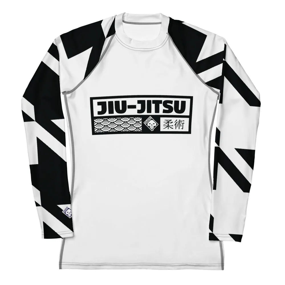 Womens Long Sleeve BJJ Rash Guard - Jiu-Jitsu 021 - Houndstooth 001 Blanc