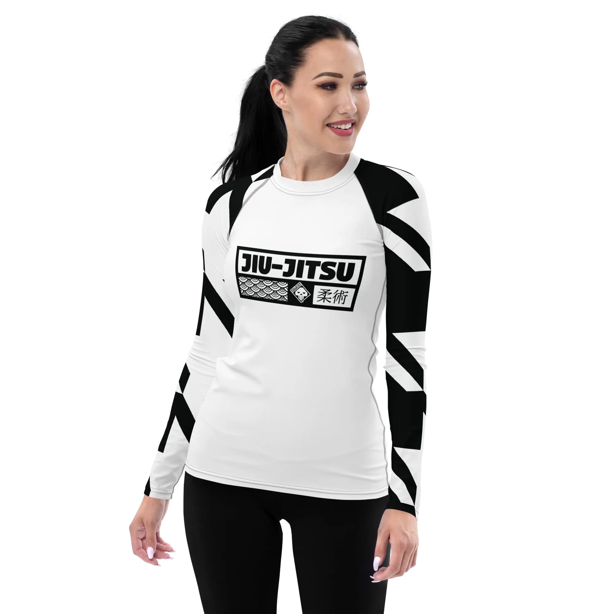 Womens Long Sleeve BJJ Rash Guard - Jiu-Jitsu 021 - Houndstooth 001 Blanc